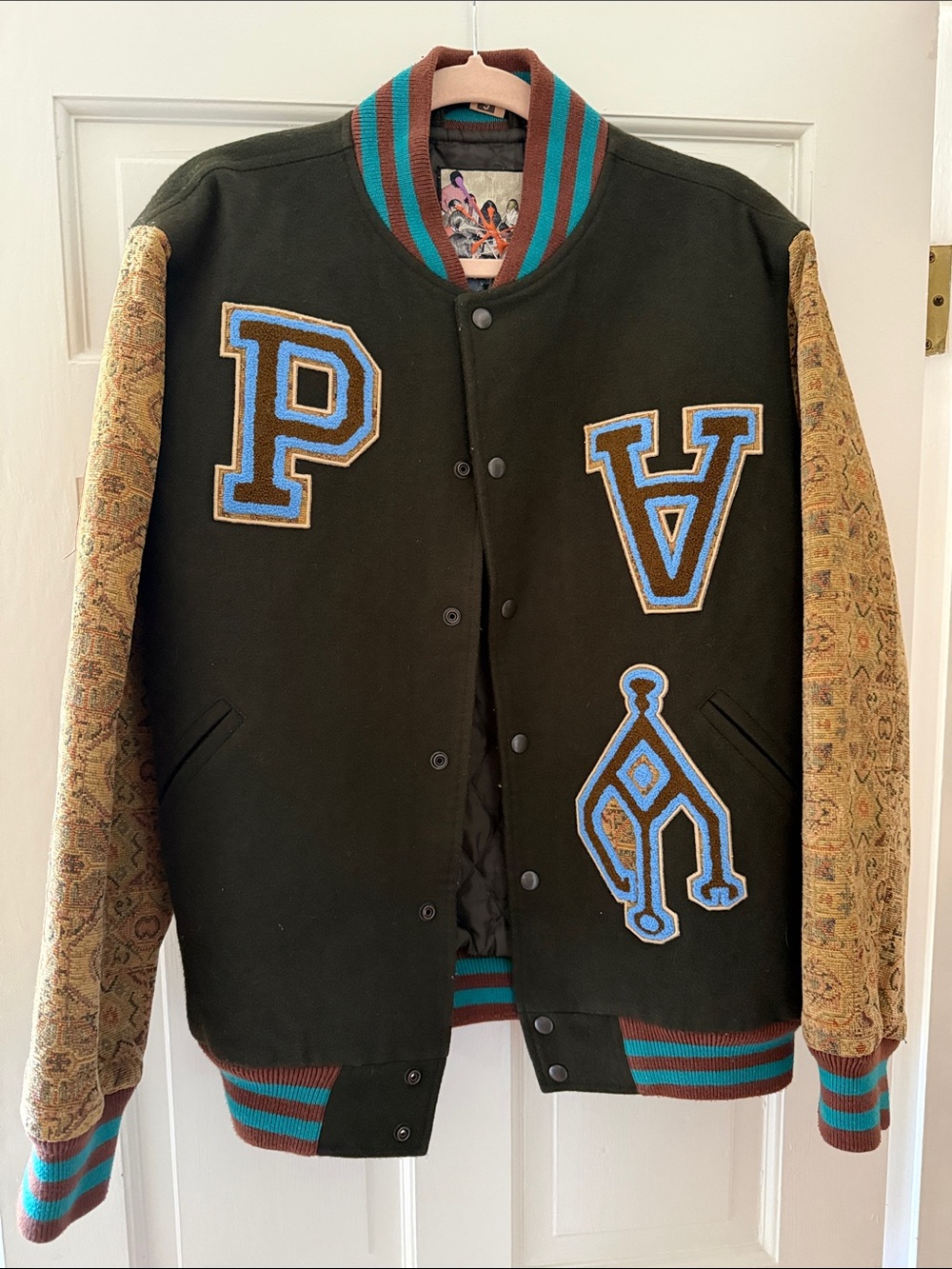 Men's Olive Green Bomber Jacket with Patterned Tan Sleeves